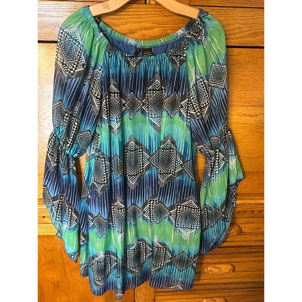 New Directions Y2K Boho Chic Blue Green Geometric Tribal Bell Sleeve Tunic Top